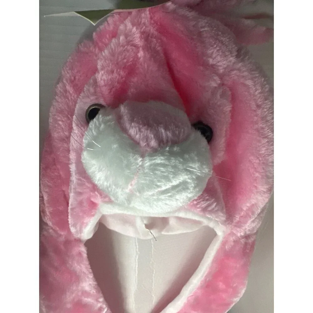 Pink Bunny Plush Hat Ear Flaps with Arm-Length Attached Mittens fall cozy